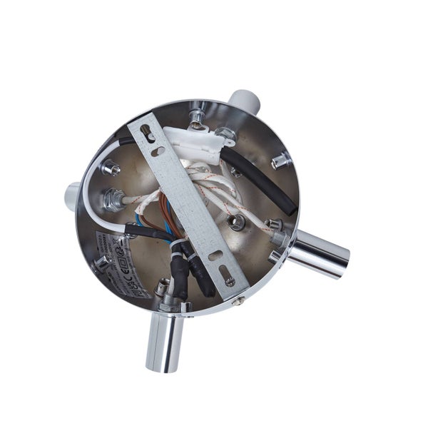 Innenansicht eines Deckenleuchten-Baldachins mit Montagebügel und elektrischer Verkabelung.