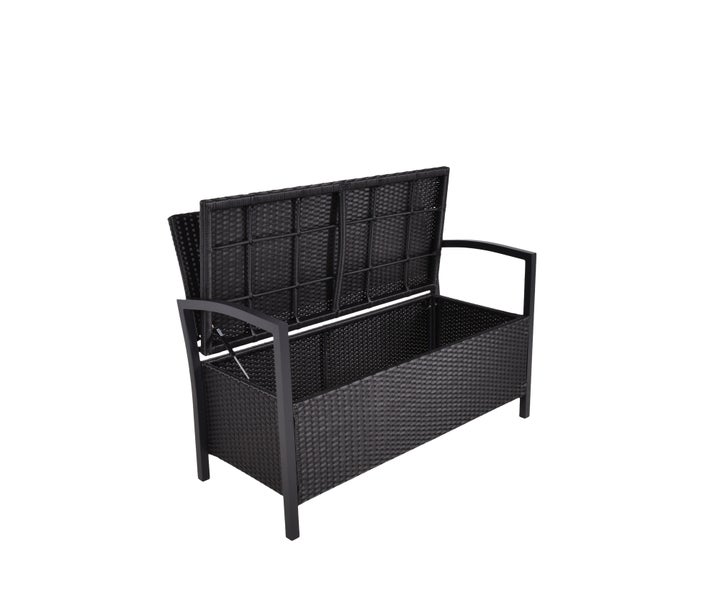 Offene Gartenbank aus Polyrattan in Dunkelgrau mit integriertem Stauraum, Metallgestell und Armlehnen.