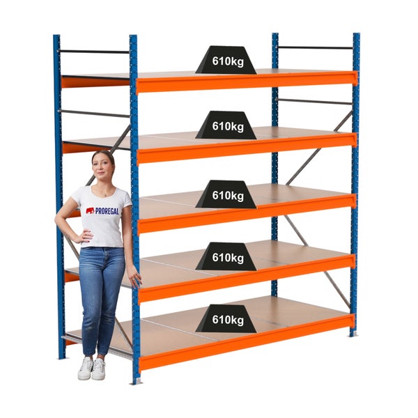 Industrieregal mit fünf Regalböden und einer maximalen Traglast von 610 Kilogramm pro Boden.