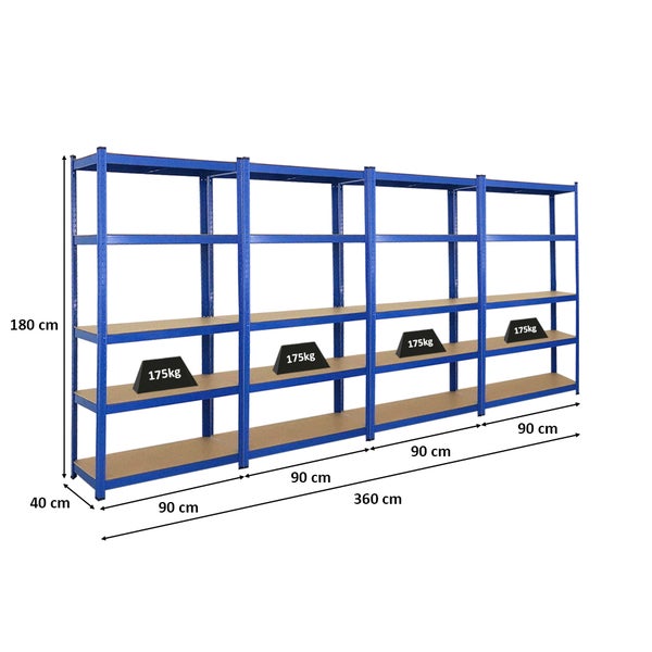 PROREGAL Mega Deal 4x Schwerlastregal Ragnar HxBxT 180 x 90 x 40 cm Fachlast 175 kg Blau