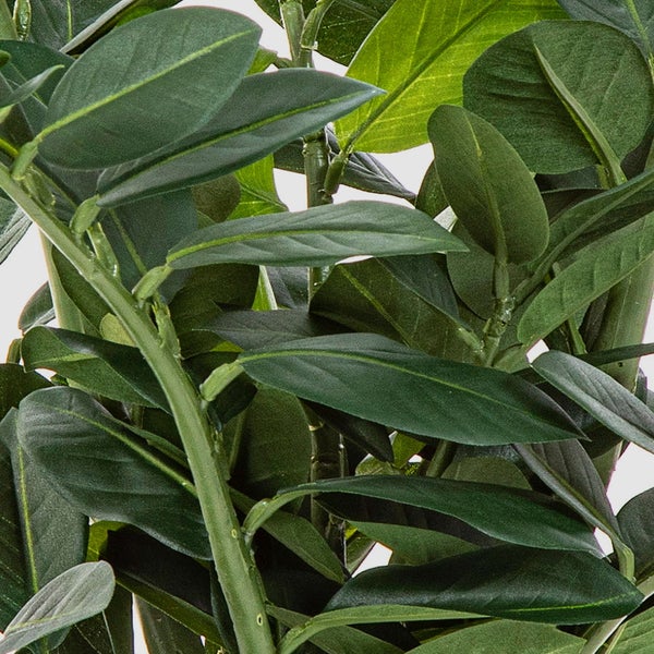 Nahaufnahme einer Kunstpflanze mit grünen, ovalen Blättern und Stielen.