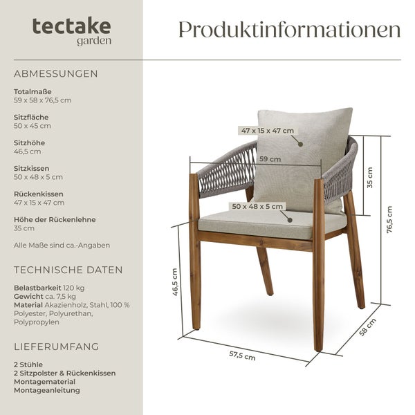 Gartenstuhl aus Akazienholz mit Sitzkissen und Rückenkissen sowie Produktinformationen zu Maßen und Technik. tectake garden Logo.