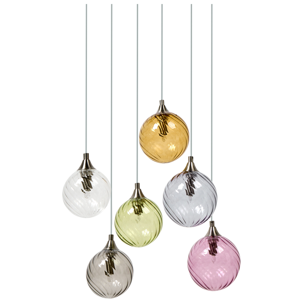 Hängeleuchte mit mehreren farbigen Glasschirmen