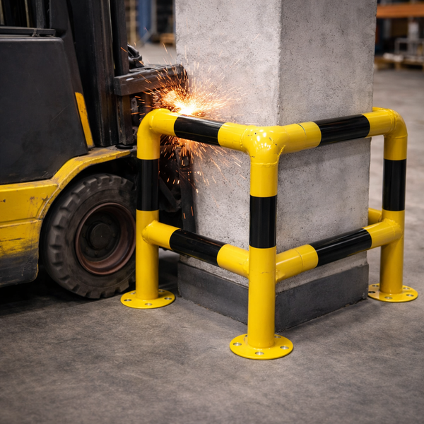 Gelb-schwarzer Anfahrschutz aus Stahl für Säulen, ein Gabelstapler prallt gegen den Schutzbügel in einer Lagerhalle.