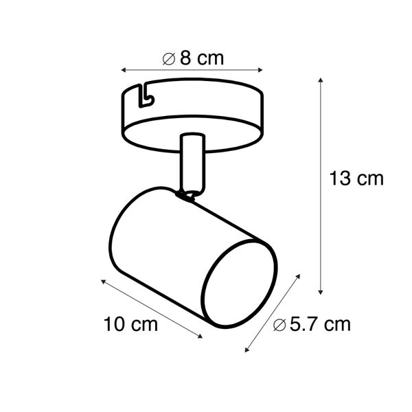 Abmessungen einer einzelnen Deckenleuchte: 8 cm Durchmesser Deckenbefestigung, 5,7 cm Durchmesser Lampenkopf und 13 cm Höhe.