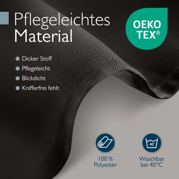 Pflegeleichtes Material mit OEKO TEX Siegel, dickem Stoff, blickdicht, aus 100 Prozent Polyester und waschbar bei 40 Grad