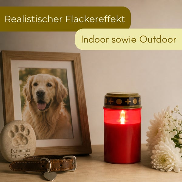 Rotes LED-Grablicht mit flackerndem Effekt für innen und außen, arrangiert mit Hundefoto, Gedenkstein und Halsband.