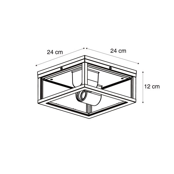 Technische Zeichnung einer quadratischen Deckenleuchte mit Maßen von 24 Zentimeter Länge, 24 Zentimeter Breite und 12 Zentimeter Höhe.
