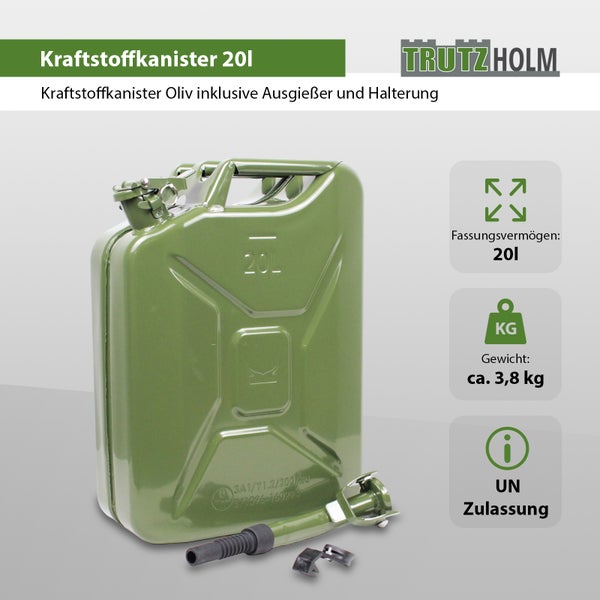 Trutzholm Kraftstoffkanister 20 Liter aus Metall mit Ausgießer und Halterung inklusive UN Zulassung