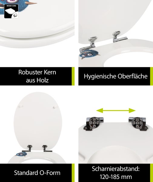 aquaSu® WC-Sitz mit Absenkautomatik, lustiges Dekor Monster Ecky, Toilettensitz mit Holzkern & Fast Fix Schnellbefestigung, universale O Form, Metallscharnieren, Toilettendeckel witzig, 402767