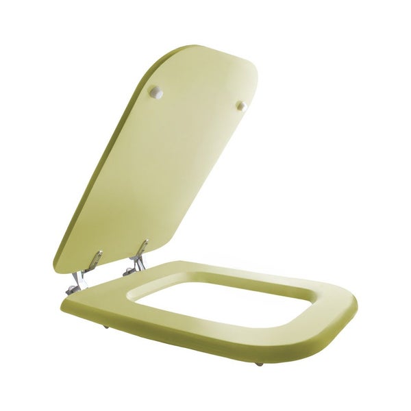 Hellgrüner WC-Sitz mit Deckel in eckiger Form und Metallscharnieren.