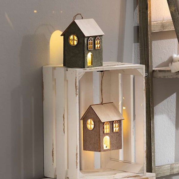 FRANK FLECHTWAREN | LED-Hänger Haus, 2er Set, FILZ, JUTE, HOLZ, 8 x 7 x 13 cm