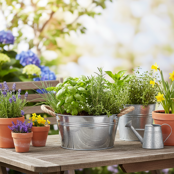 Kräuter wie Basilikum und Rosmarin in Zinkwanne, Terrakottatöpfe mit Lavendel und Blumen auf Holztisch mit kleiner Gießkanne.