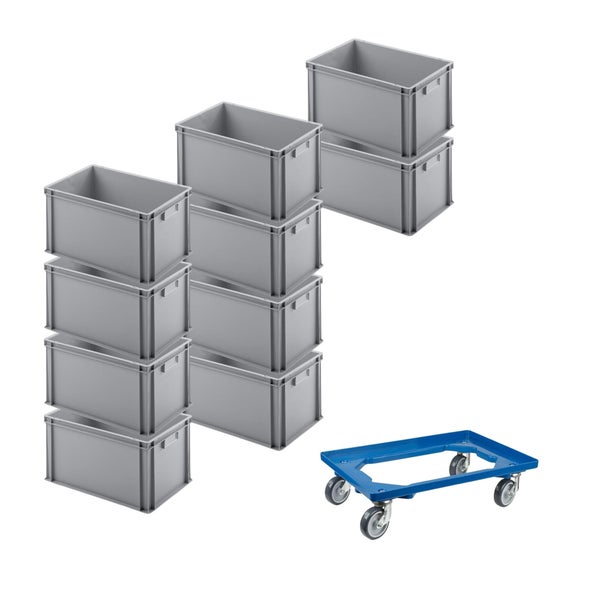 PROREGAL SparSet 10x Eurobehälter mit Geschlossenem Griff und 1 x Transportroller Blau HxBxT 32 x 40 x 60 cm 56 Liter Eurobox Transportbox