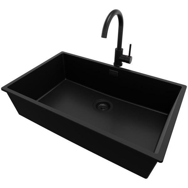PRIMAGRAN Granitspüle Alles Schwarz 76x47cm, Spülbecken 1 Becken + Küchenarmatur 32x20cm + Ablauf-Set, Küchenspüle ab 80er Unterschrank - London Slim
