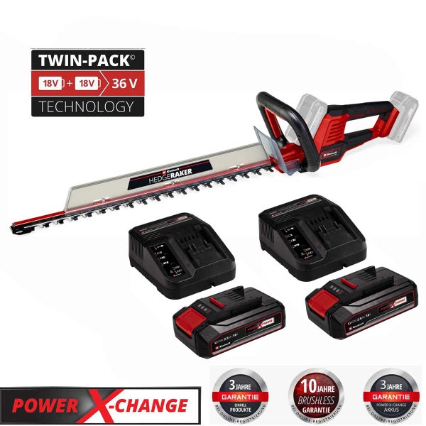 Einhell Akku Heckenschere mit Twin Pack Technologie 36 Volt inklusive zwei Akkus und zwei Ladegeräten für Power X Change System.