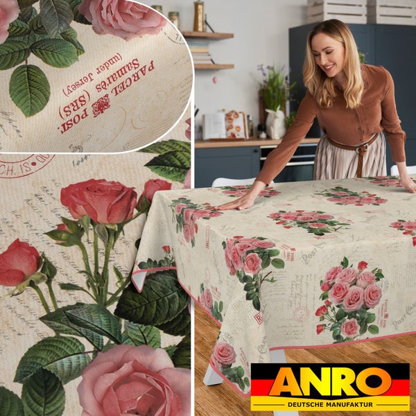 Tischdecke mit Rosen und Schriftzug im Küchenambiente