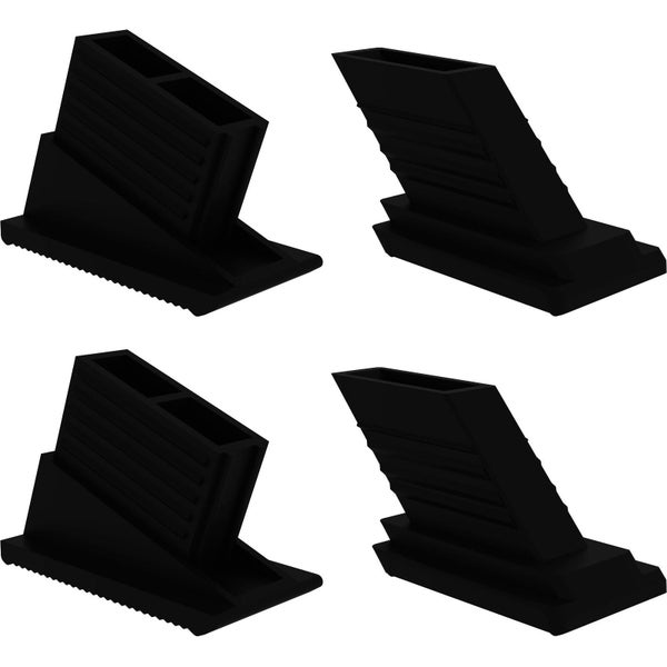 Set aus vier schwarzen Leiterfüßen aus Kunststoff mit profilierter Unterseite für Rutschfestigkeit.