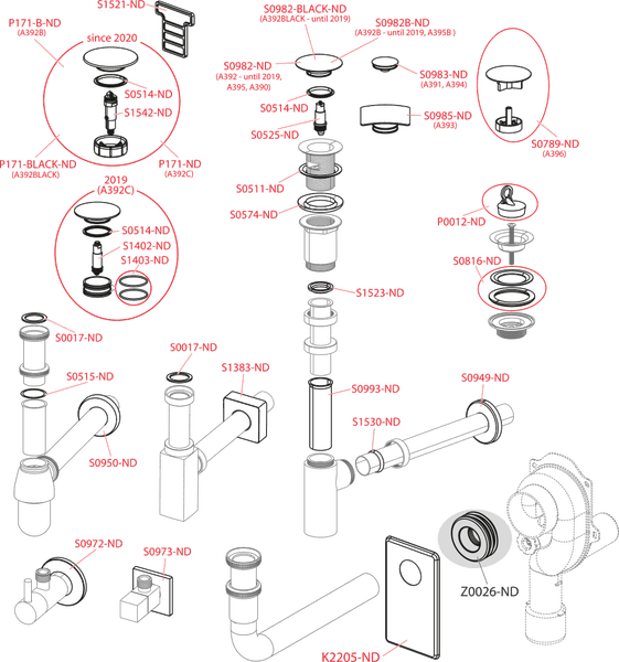 Explosionszeichnung verschiedener Sanitär-Ersatzteile wie Ablaufgarnituren, Siphons und Ventile mit Produktcodes.