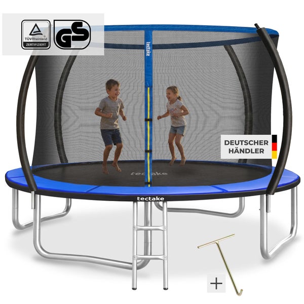 tectake Gartentrampolin, Sicherheitsnetz, Leiter, Federspanner, tectake Logo, zwei Kinder. TÜV Rheinland zertifiziert und sicherheitsgeprüft.