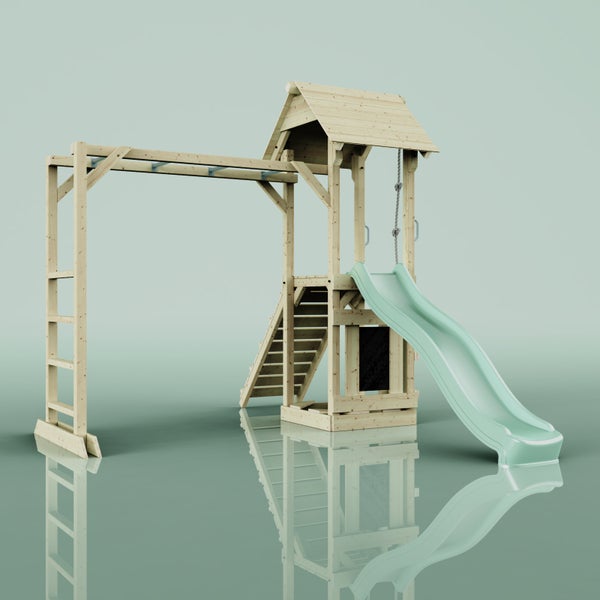 Spielplatz aus Holz mit Rutsche, Klettergerüst und Schaukel