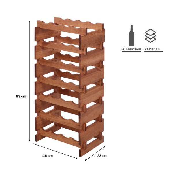 Weinregal VINOTECA FLEX PRO HxBxT 93x46x28cm 28 Flaschen auf 7 Ebenen Massives Kiefernholz Braun geölt