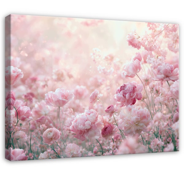 Leinwandbild mit floralem Motiv von zarten Blumen in einer hellen, frühlingshaften Gartenlandschaft als dekoratives Wandbild für Innenräume.