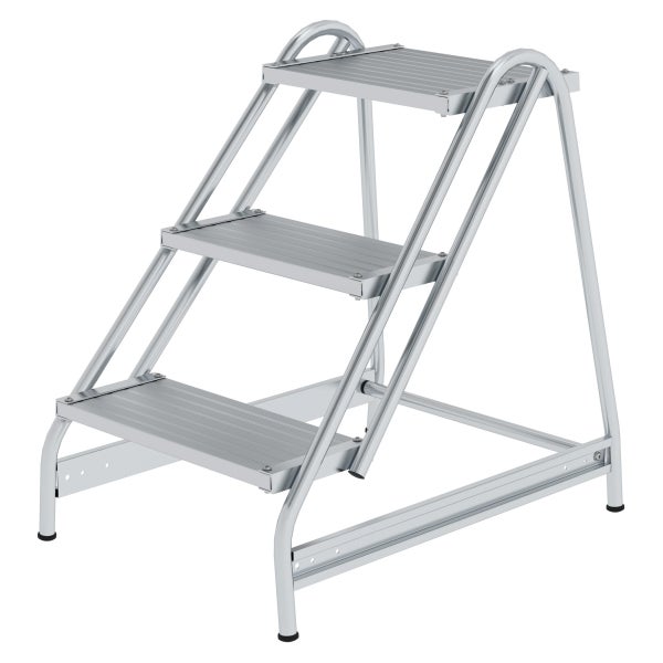 Klapptritt aus Aluminium mit drei Stufen und geriffelten Trittflächen.