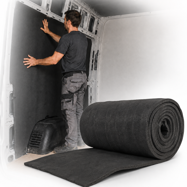 Handwerker beim Anbringen einer Dämmmatte an der Wand eines Transporters, Dämmmaterial als Rolle im Vordergrund.