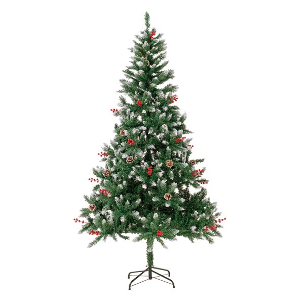 Künstlicher Weihnachtsbaum mit Schnee, Tannenzapfen und Beeren, auf Metallständer