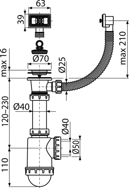 Technische Zeichnung eines Waschbeckenablaufventils mit Überlauf und Tauchrohrsiphon mit Maßangaben in Millimetern.