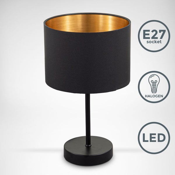 Nachttischlampe - mit Schalter, Stoff, max. 40W, E27 Fassung, schwarz