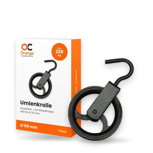 Umlenkrolle aus Gusseisen mit Wirbelhaken fuer Seile bis 20 Millimeter Durchmesser und 160 Millimeter Durchmesser von Orange Commerce Logo