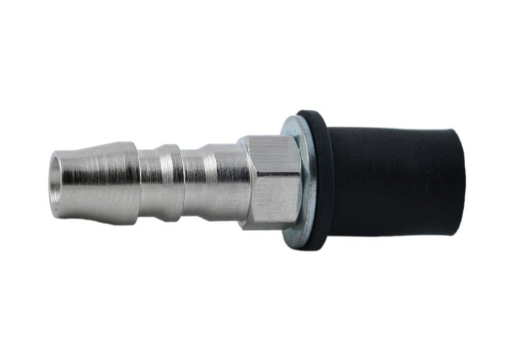 Stecknippel aus Metall für Druckluft mit Schlauchanschluss und Schutzkappe.