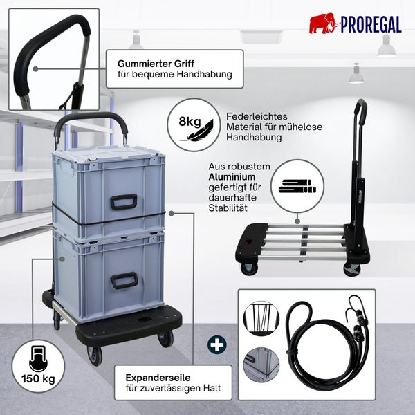 Aluminium-Transportwagen mit gummiertem Griff, Tragkraft 150 Kilogramm, Gewicht 8 Kilogramm, Expanderseilen und zwei Transportboxen. Proregal Logo.
