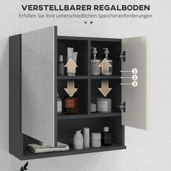 kleankin Spiegelschrank Bad, Badezimmerschrank mit Spiegel, Hängeschrank mit Verstellbar Ablage, Offenes Fach, Anti-Beschlag-Funktion, Wandschrank 55x17x55cm Grau