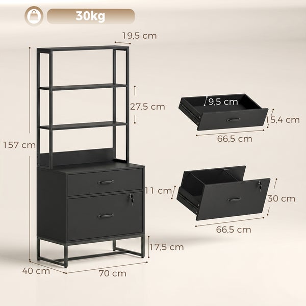 Schwarzes Metallregal mit drei Böden und zwei Schubladen, inklusive Maßangaben und einer Tragkraft von 30 Kilogramm.