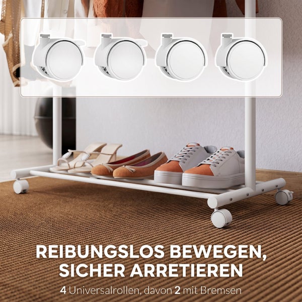 Set mit 4 Universalrollen für Kleiderständer, davon 2 Rollen mit Feststellbremse für sicheren Stand.