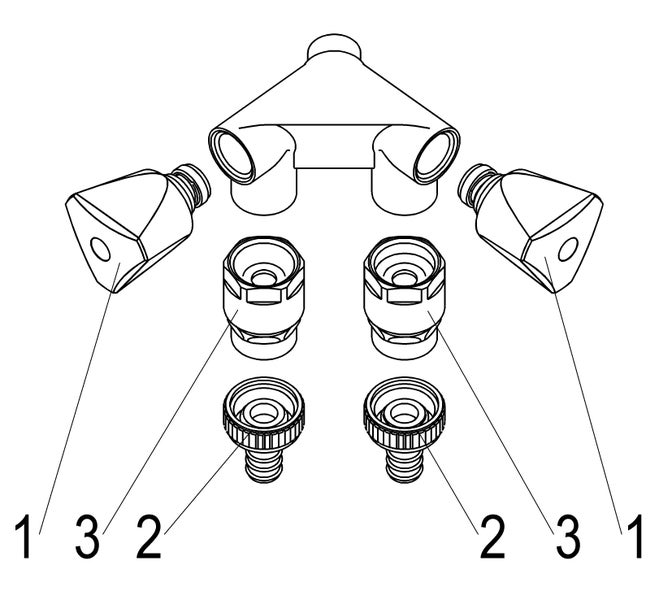 Technische Zeichnung eines Zwei-Wege-Verteilers mit nummerierten Bauteilen wie Handgriffen, Anschlüssen und Überwurfmuttern.