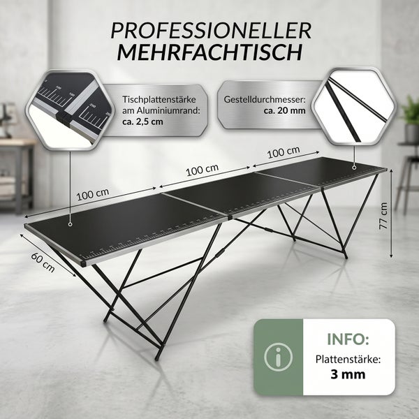 Professioneller Mehrfachtisch mit Maßangaben zur Tischplatte und zum Gestell, 300 mal 60 mal 77 Zentimeter.