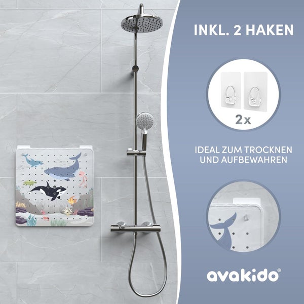 avakido® Duschmatte rutschfest Kinder - 100% BPA frei Inklusive 2 Haken zum Trocknen - Antirutschmatte, Duscheinlage - schimmelresistent & maschinenwaschbar
