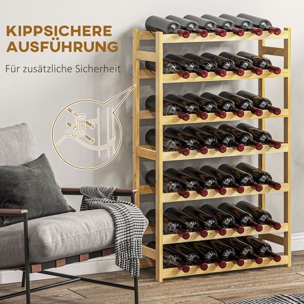 HOMCOM Weinregal Flaschenregal für 42 Weinflaschen, mit 7 Ebenen, Standregal aus Holz, Weinhalter mit Kippschutz für Küche, Natur 63 x 25 x 102 cm