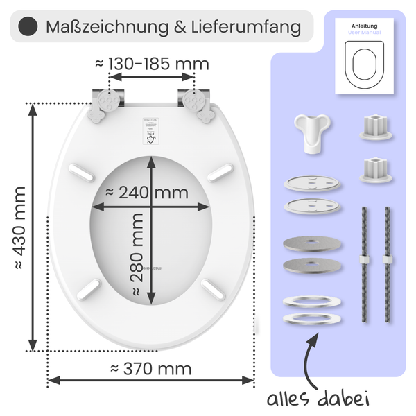 Technische Zeichnung eines Toilettensitzes mit Maßangaben und Lieferumfang