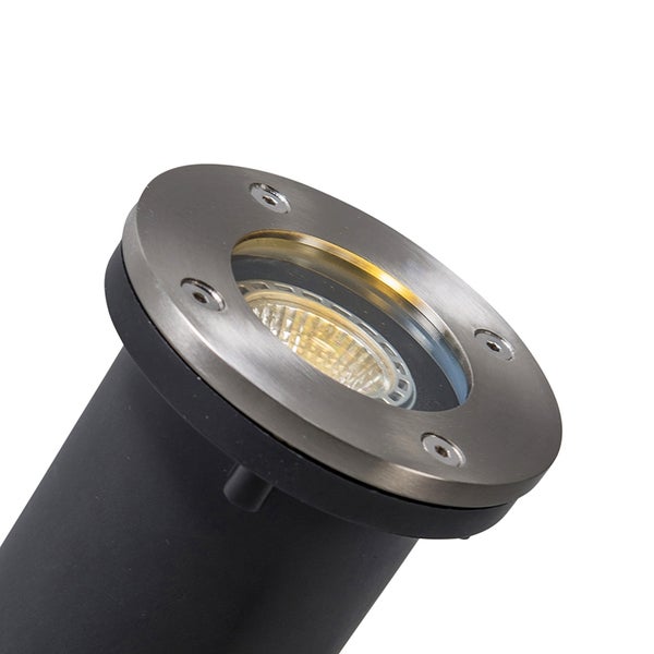 Bodeneinbaustrahler mit Edelstahlring, schwarzem Gehäuse und sichtbarem Leuchtmittel.