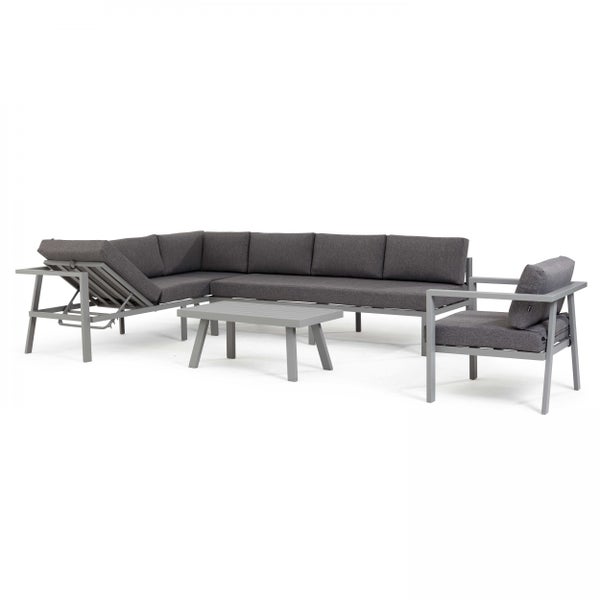 Modernes Garten-Lounge-Set mit Ecksofa, Sessel und Couchtisch. Graues Aluminiumgestell mit dunkelgrauen Polstern und verstellbarer Rückenlehne.