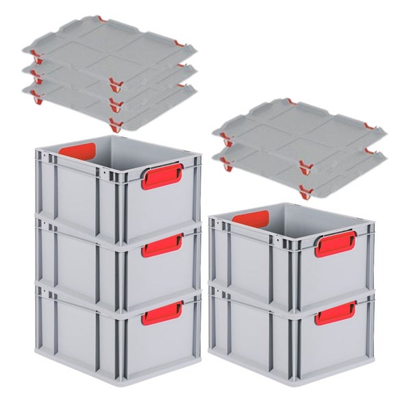 PROREGAL Spar Set 5x Eurobox Nextgen Color Mit Auflagedeckel & Schiebeschnappverschlüsse HxBxT 22 x 30 x 40 cm Griffe Rot Geschlossen Glatter Boden