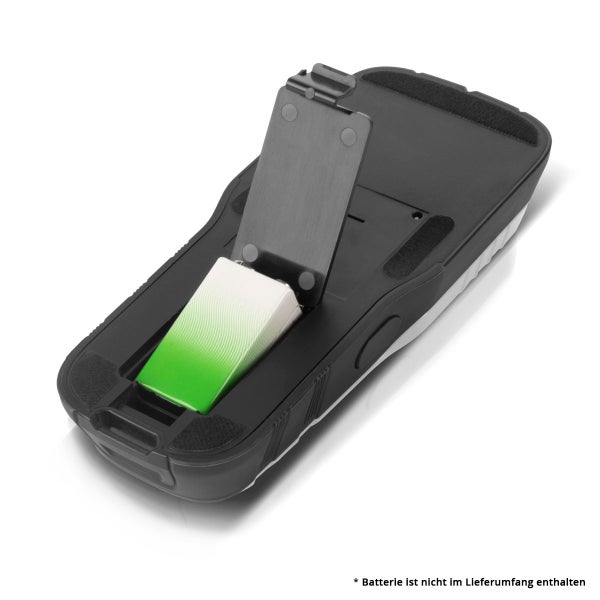 Rückansicht eines Messgeräts mit offenem Batteriefach und eingesetzter Blockbatterie. Batterie ist nicht im Lieferumfang enthalten.