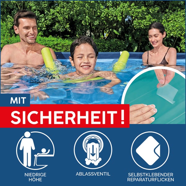 Familie in einem Pool, Anwendung eines Reparaturflickens, Symbole für niedrige Einstiegshöhe, Ablassventil und selbstklebende Reparaturflicken.