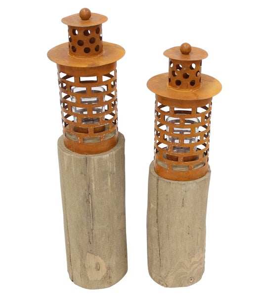 FRANK FLECHTWAREN | Windlicht Türmchen, 2er Set, HOLZ, METALL, GLAS, 9 x 9 x 43 cm, 11 x 11 x 50 cm