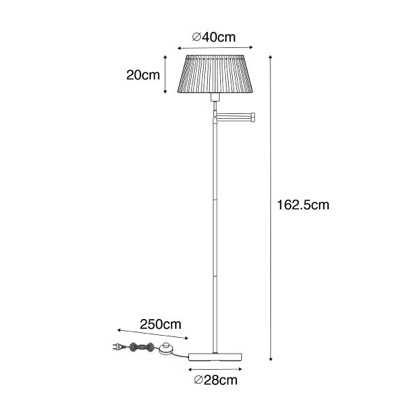 Technische Zeichnung einer Stehlampe mit den Maßen 162,5 cm Höhe, 40 cm Schirmdurchmesser und 28 cm Fußdurchmesser